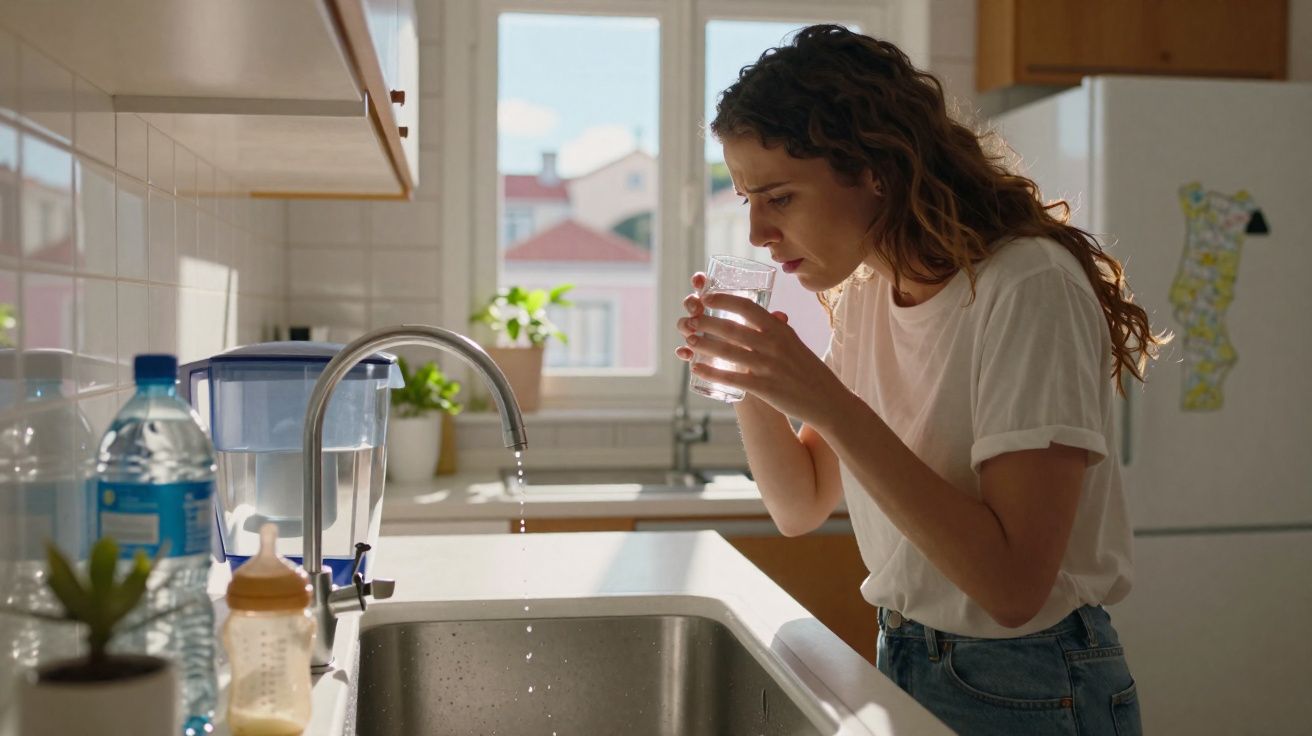 Mulher em cozinha a olhar para copo com água que segura junto à boca, luz natural na janela.
