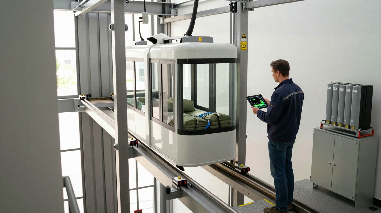 Técnico a operar sistema de transporte por cabo em interior industrial com tablet e carrinho suspenso.