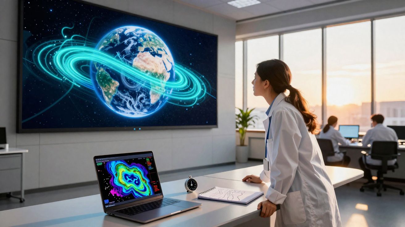 Cientista observa grandes ecrãs com imagens digitais da Terra e dados científicos numa sala moderna.