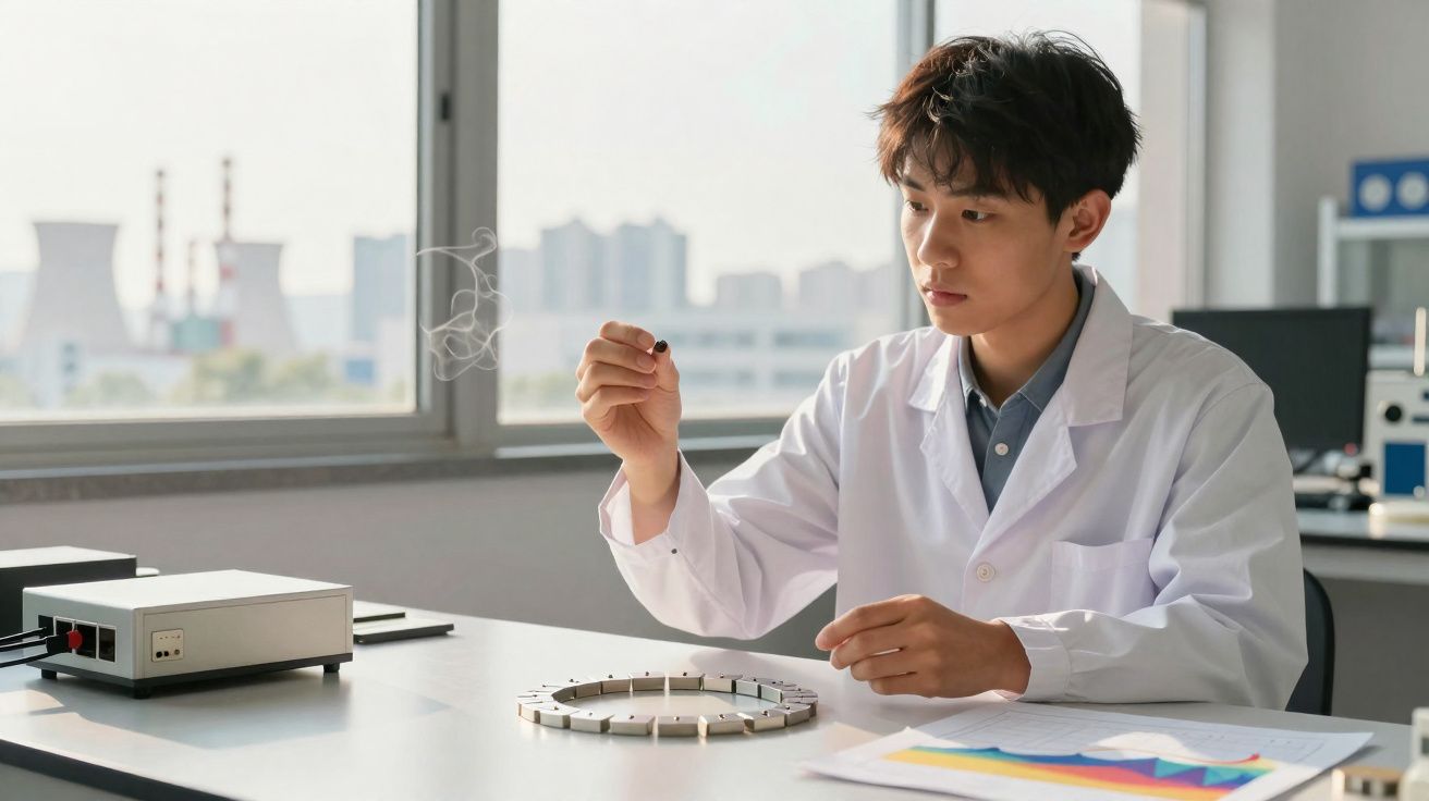 Homem de branco a observar fumo de cigarro em laboratório com gráfico e dispositivos na mesa.