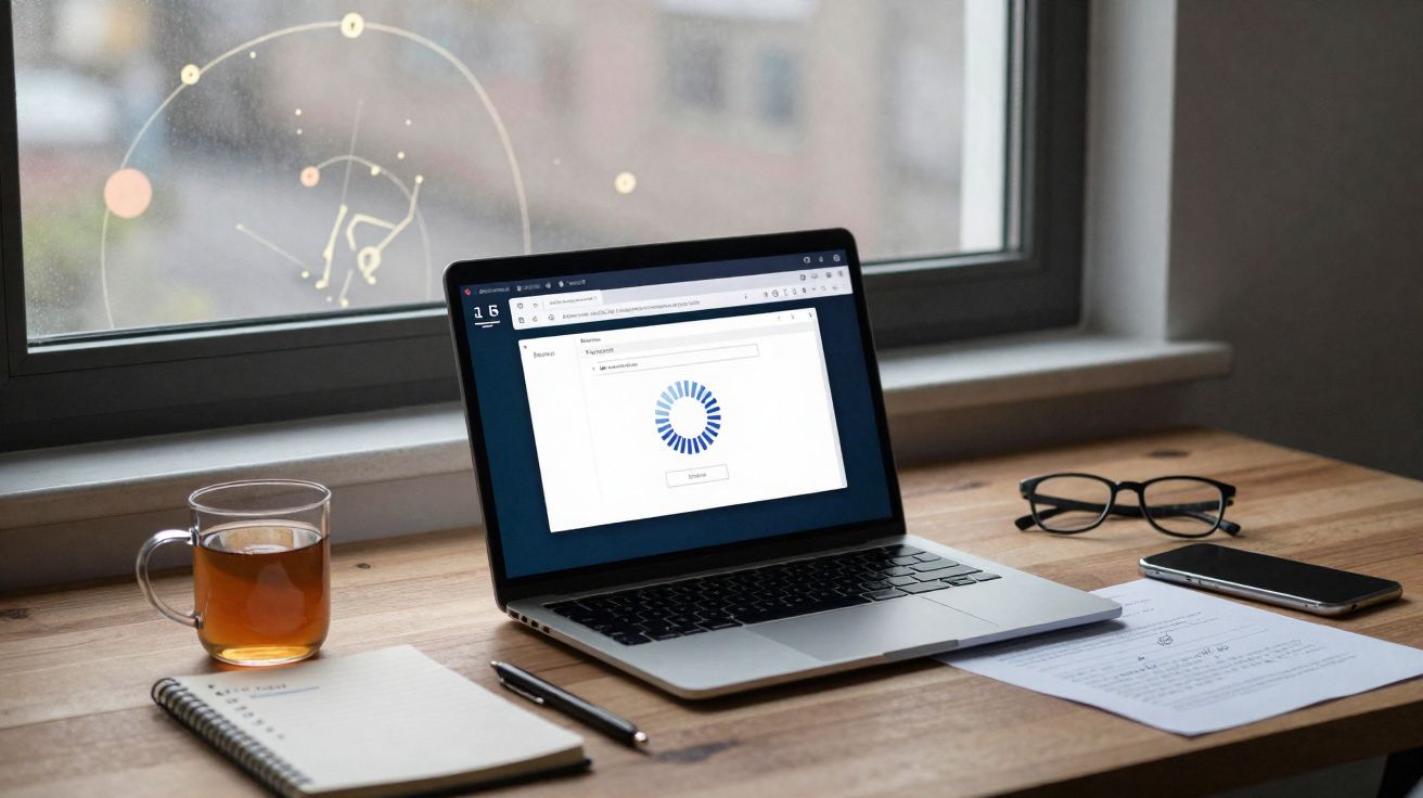 Mesa de madeira com portátil, chá, bloco de notas, caneta, óculos e telemóvel junto a janela.