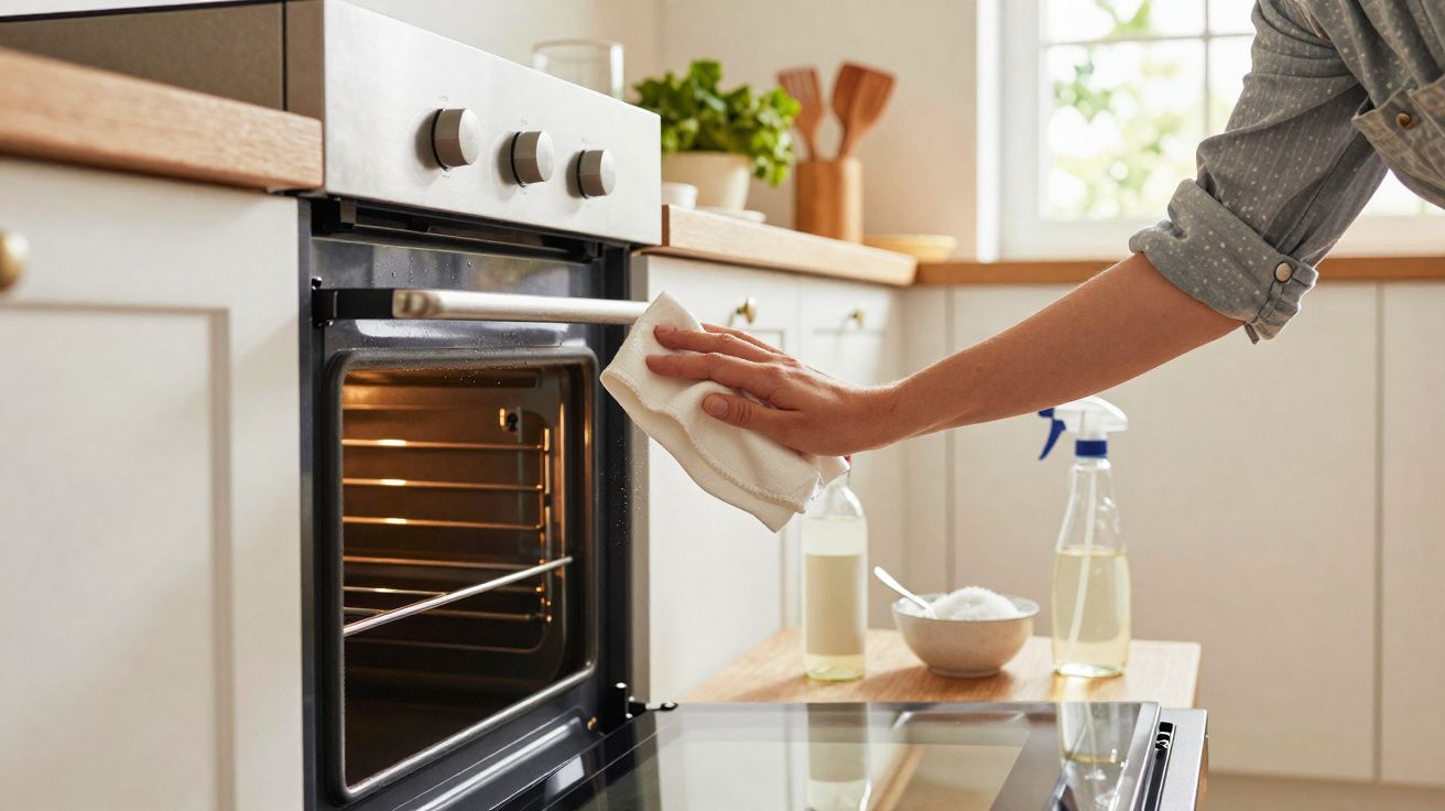 Pessoa a limpar a porta do forno aberto numa cozinha moderna com pano branco e produtos de limpeza.