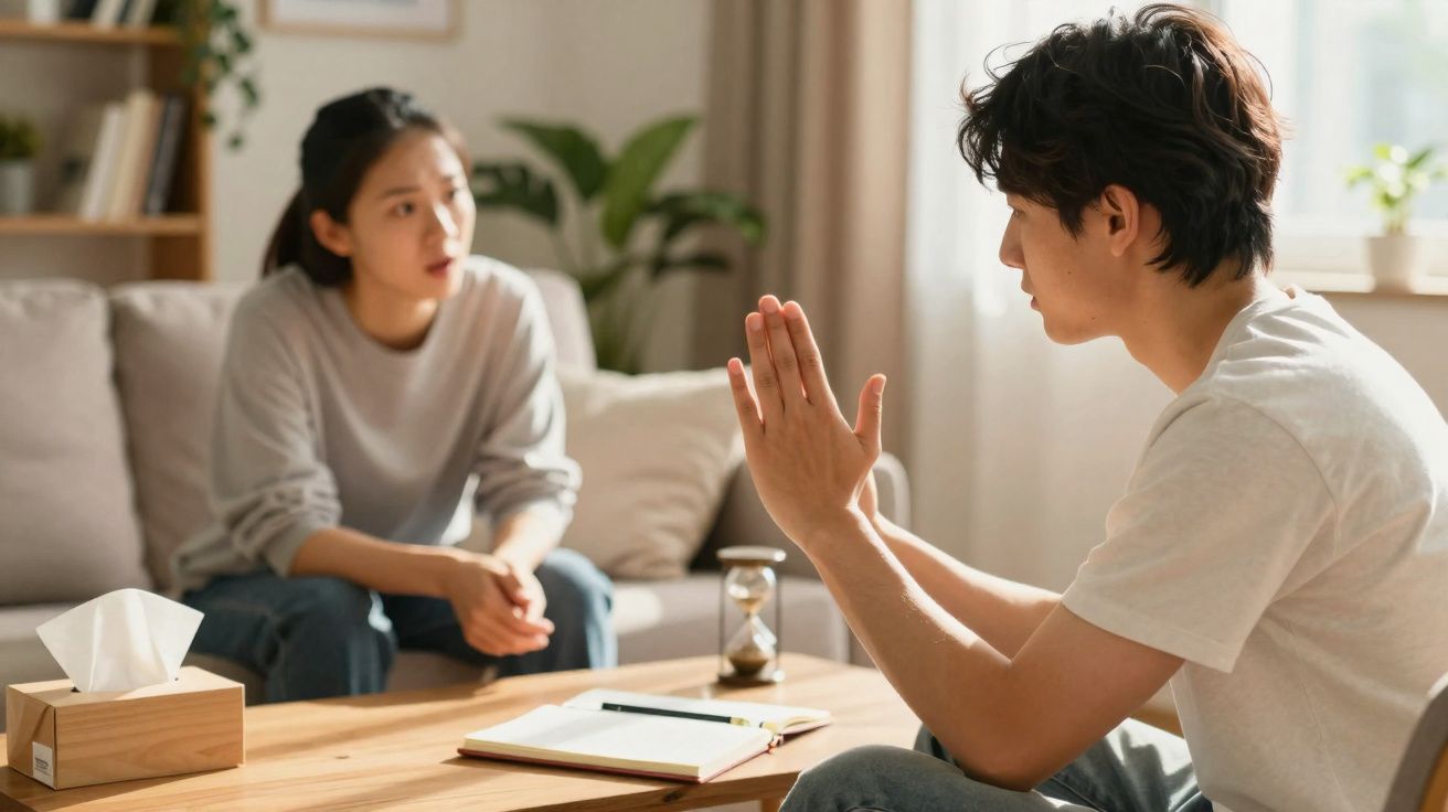 Homem e mulher sentados a conversar numa sala iluminada, com bloco de notas e ampulheta na mesa.