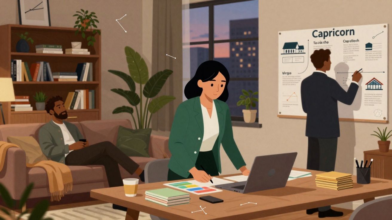 Três pessoas a trabalhar num escritório moderno ao final do dia, uma no computador, outra no quadro e outra no sofá.