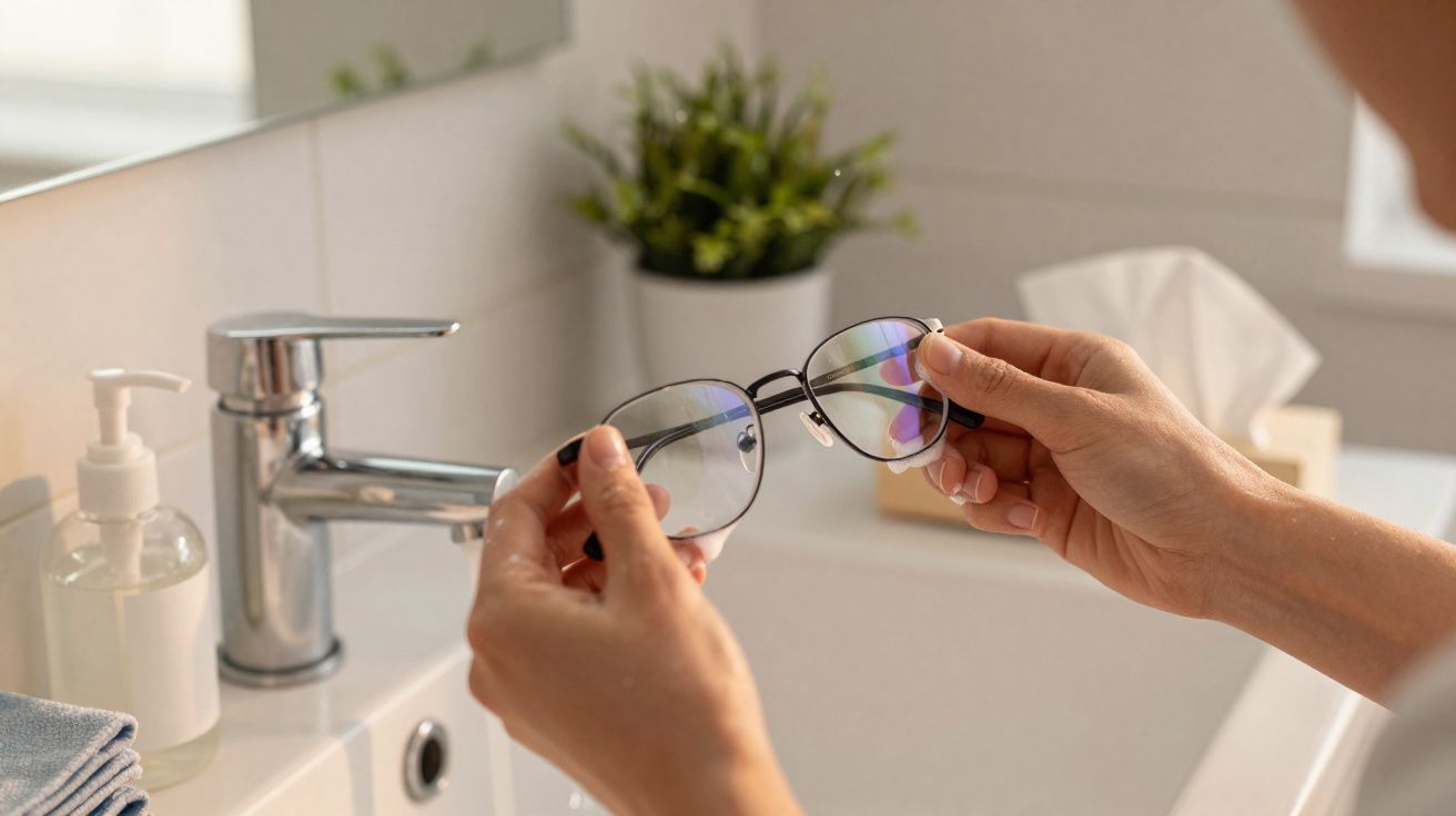 Pessoa a segurar uns óculos junto a uma pia de casa-de-banho com sabonete e planta ao fundo.