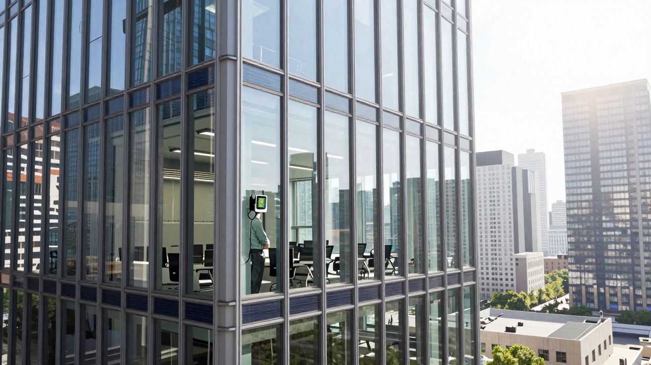 Exterior de edifício de escritórios com fachada de vidro refletindo prédios vizinhos numa cidade urbana.