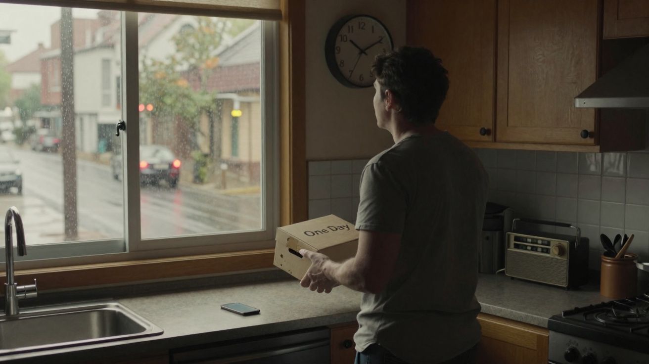 Homem de costas na cozinha a olhar pela janela durante um dia chuvoso, segurando uma caixa de papelão.