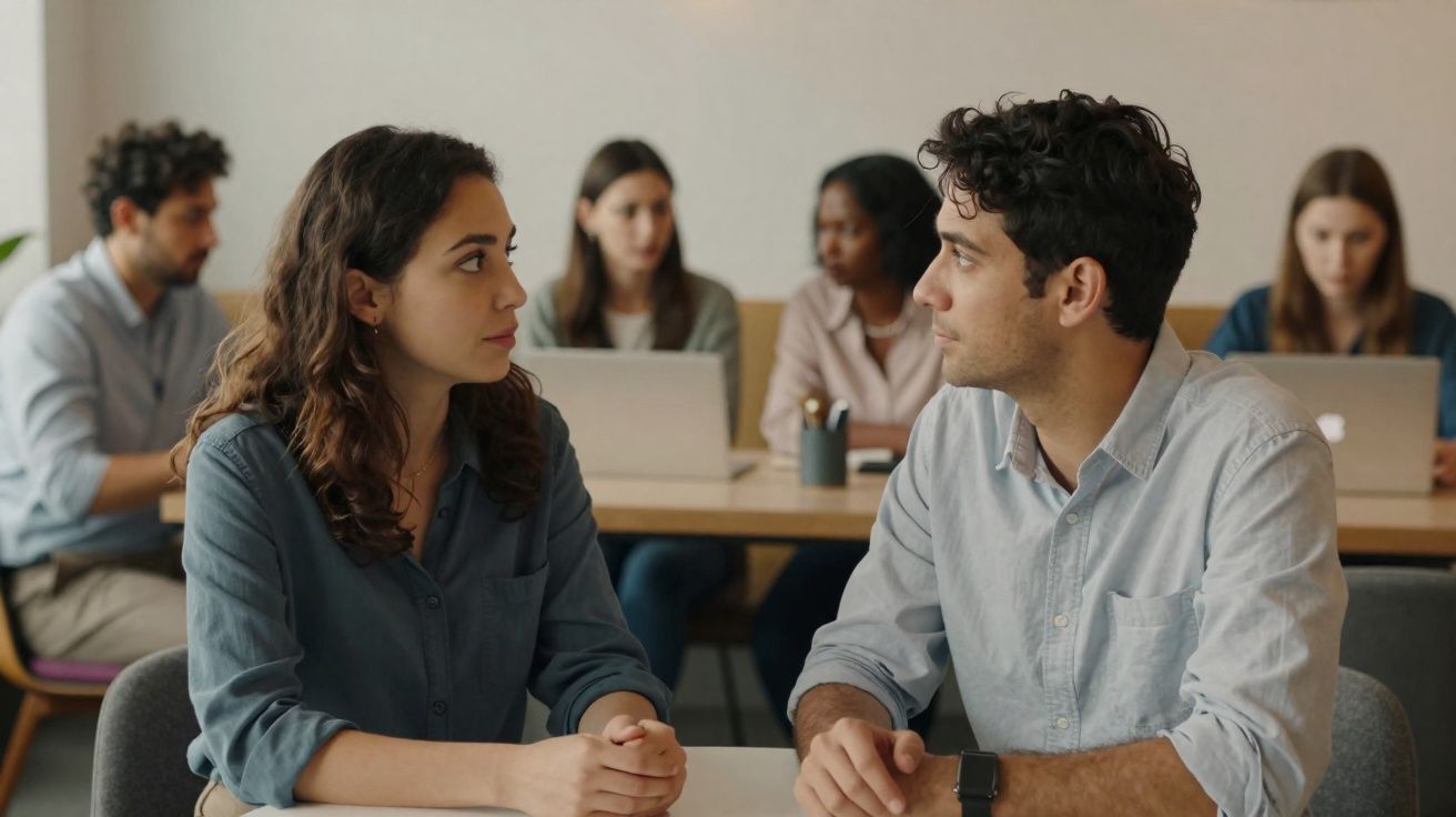 Homem e mulher sentados frente a frente numa reunião, com três pessoas a trabalhar em computadores ao fundo.