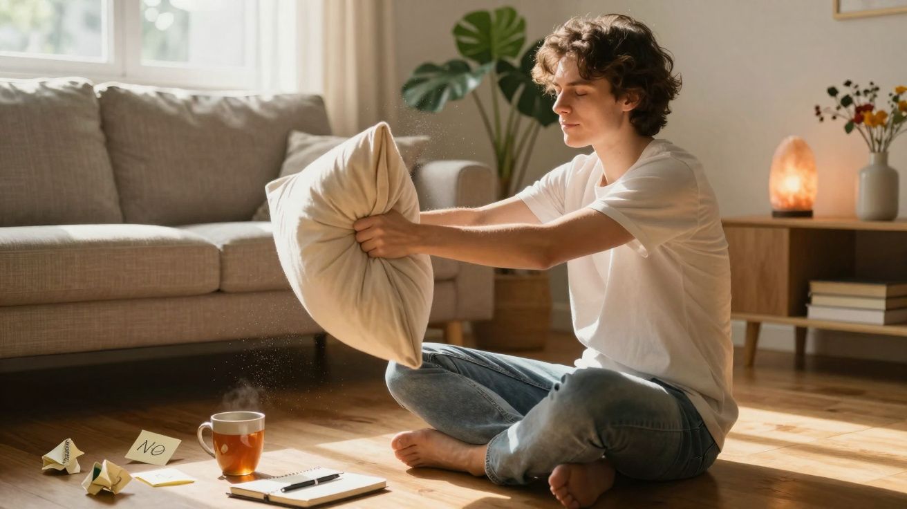 Pessoa sentada no chão de uma sala, segurando uma almofada na frente de chá fumegante e papéis amassados.