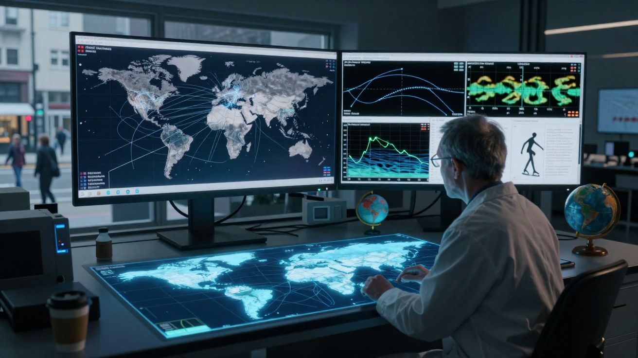 Homem a analisar mapas e dados globais digitais em ambiente de controlo moderno com ecrãs grandes.