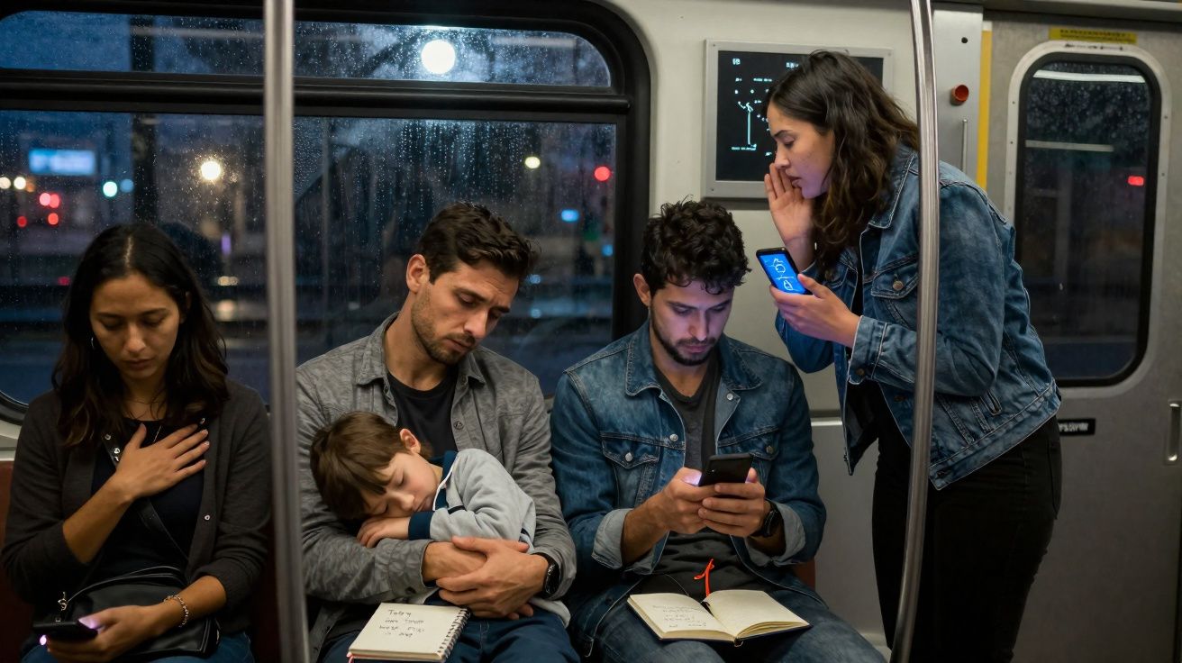 Pessoas no metro à noite, três sentadas e uma em pé, algumas usam telemóvel e uma criança dorme no colo do pai.