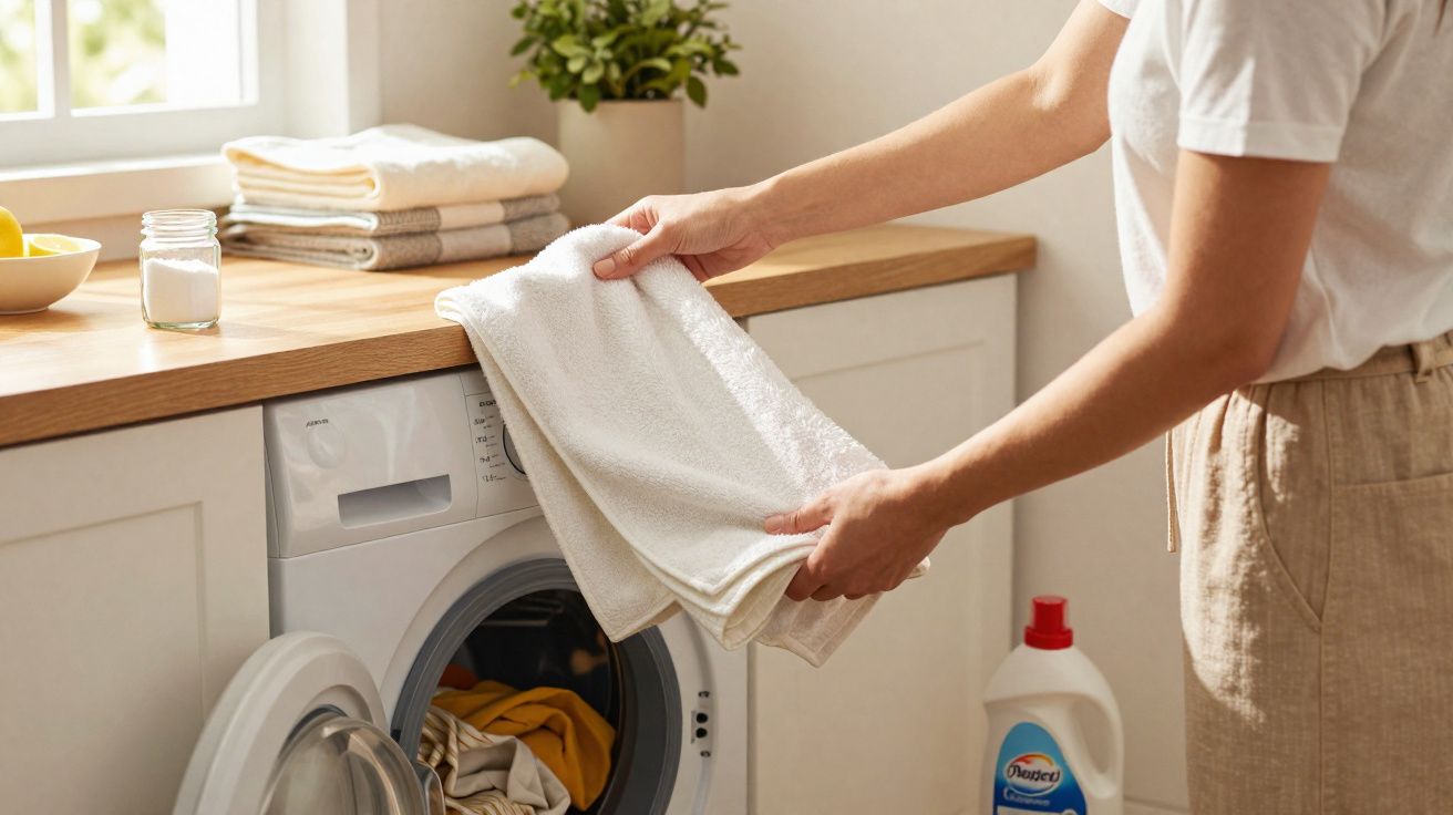 Pessoa a tirar toalha branca da máquina de lavar roupa numa cozinha clara e organizada.