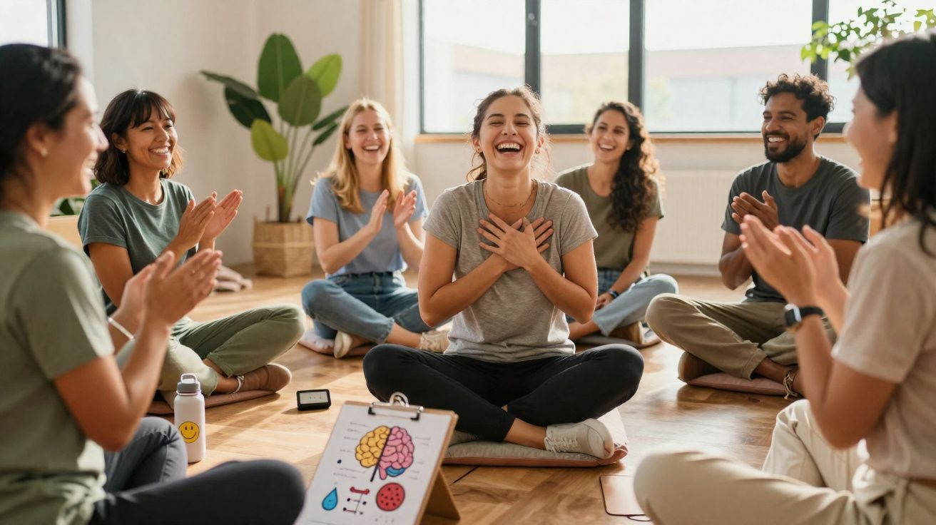 Grupo de pessoas sentadas em círculo a aplaudir, numa sessão de terapia ou grupo de apoio interior com ambiente acolhedor.