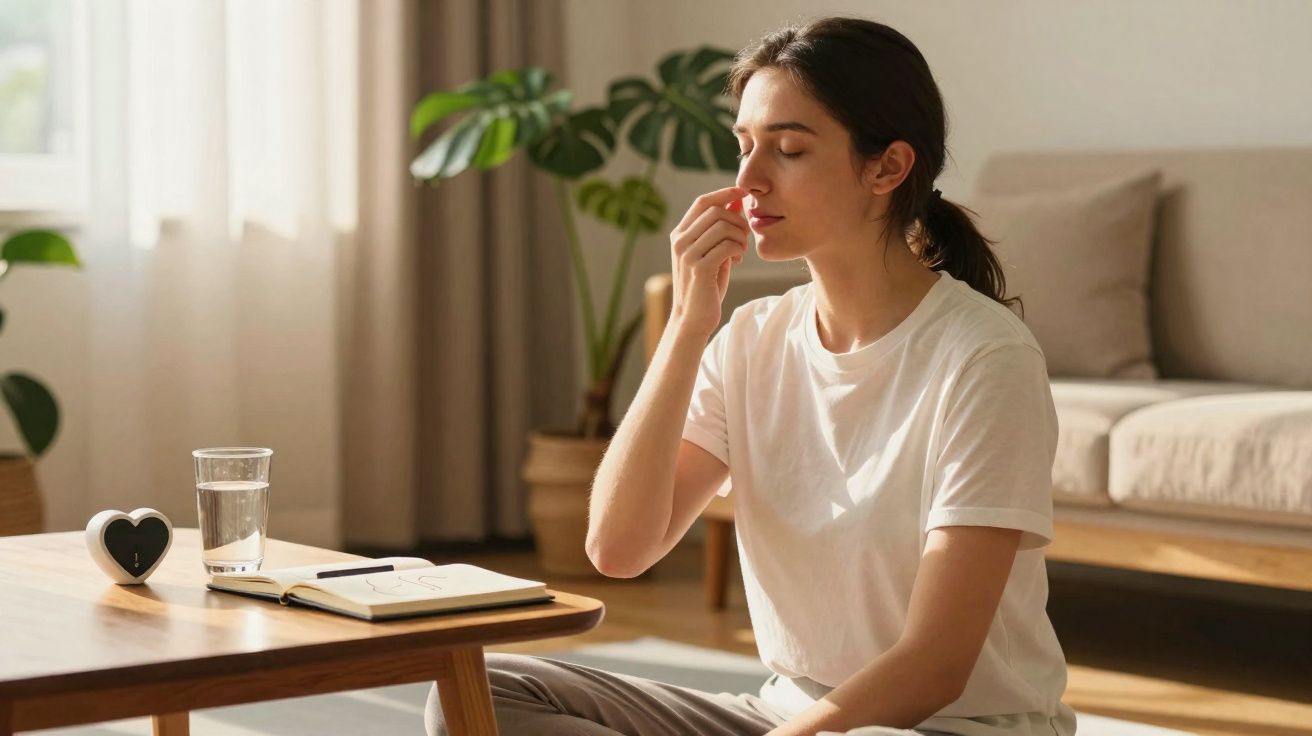Mulher sentada a meditar em casa, com olhos fechados e expressão calma, num ambiente luminoso e acolhedor.