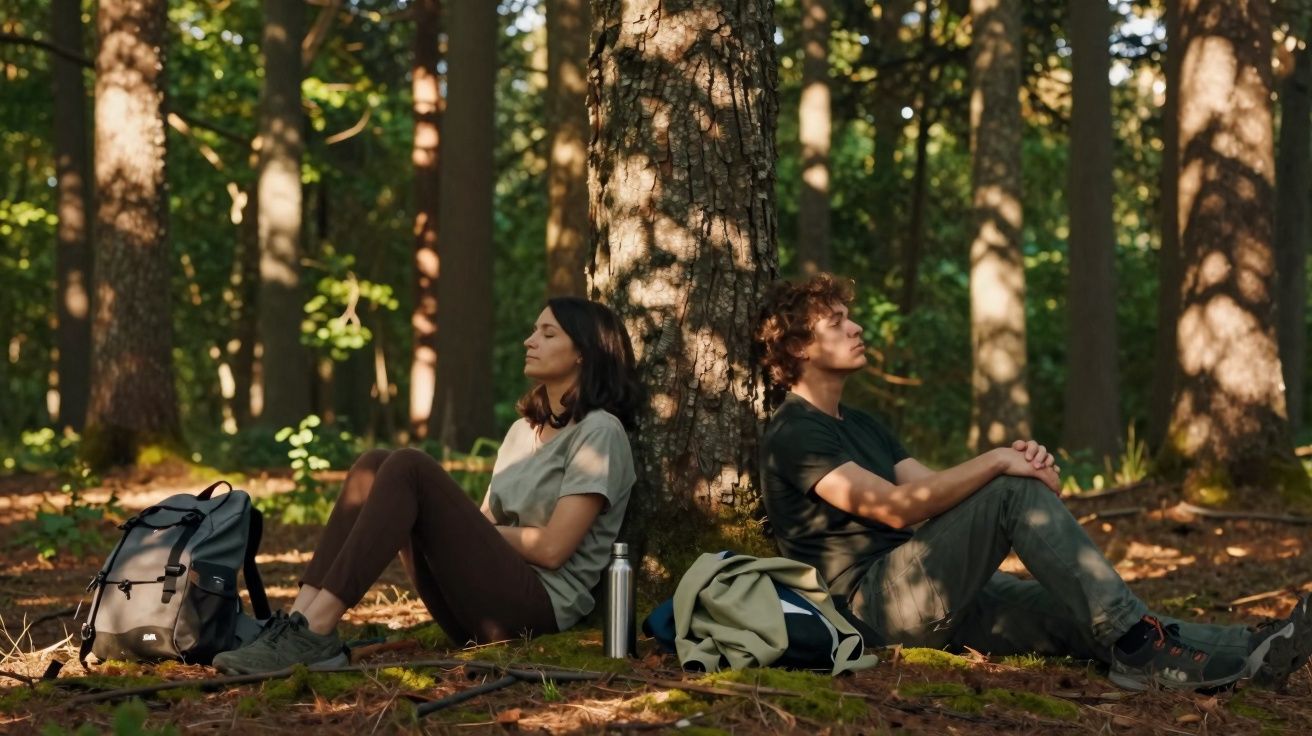 Jovem homem e mulher sentados encostados em árvore, relaxando na floresta com mochilas ao lado.