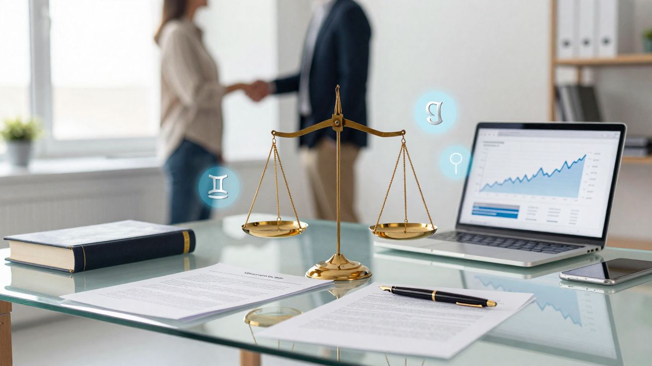 Balança da justiça num escritório com documentos, livro, computador e duas pessoas a apertar as mãos ao fundo.