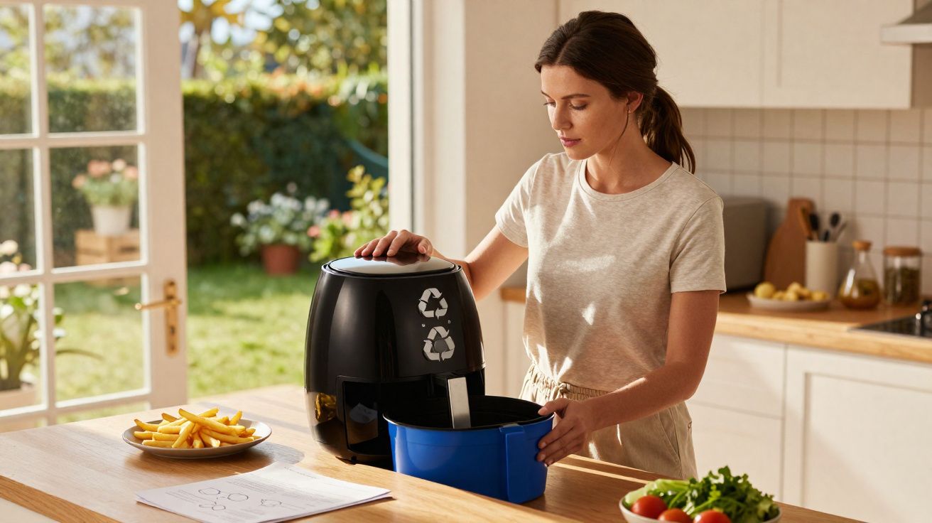 Mulher a usar uma fritadeira sem óleo na cozinha luminosa com jarro azul e batatas fritas.