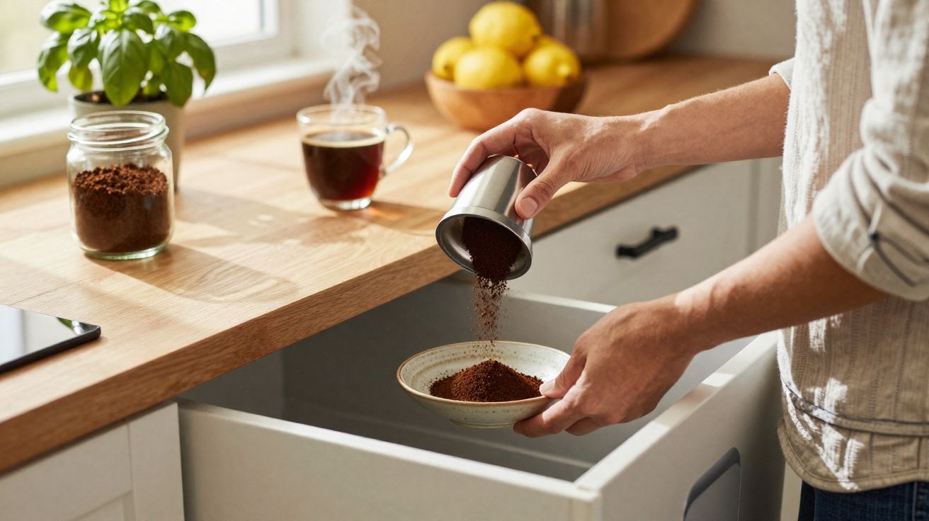 Pessoa a deitar café moído de cápsula para prato numa cozinha com chávena de café quente na bancada.