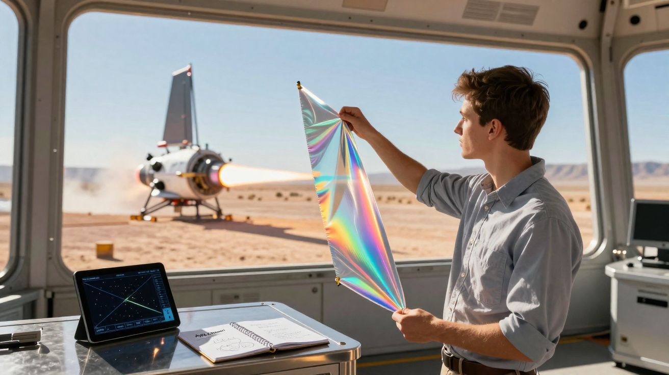 Homem numa sala com janelas observa um objeto refletor enquanto foguetão é lançado fora da base.