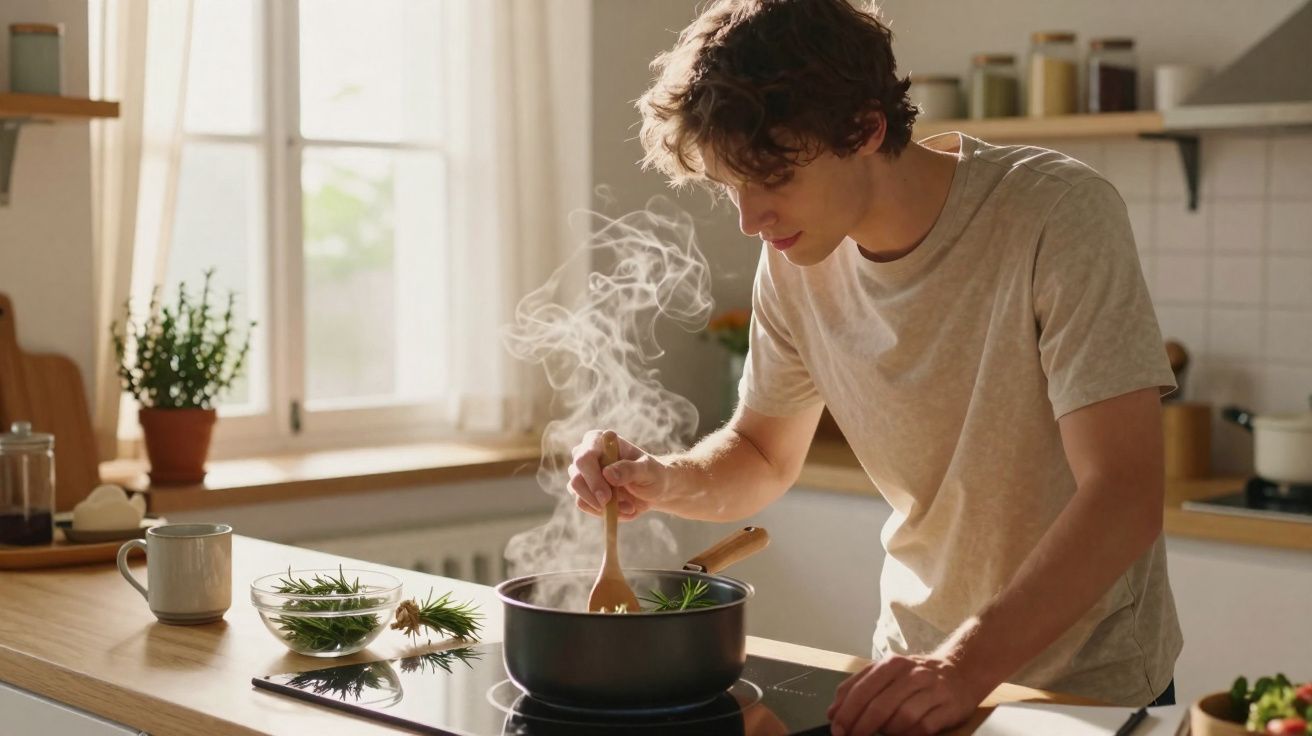 Jovem a cozinhar numa cozinha luminosa, mexendo alimentos numa panela a fumegar.