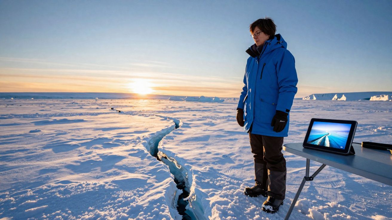 Pessoa com casaco azul a observar fissura numa paisagem coberta de gelo e neve durante pôr do sol.
