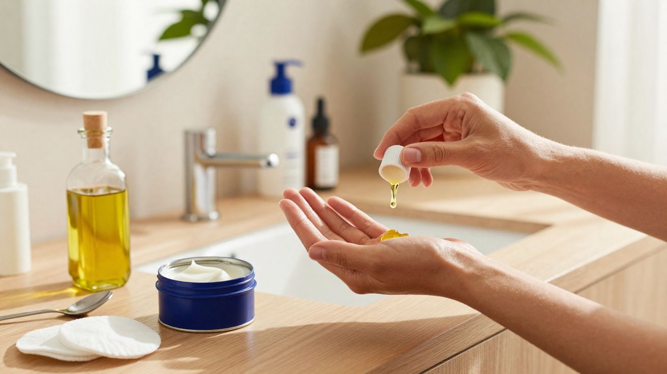 Mãos a aplicar óleo ou sérum junto a creme hidratante, algodão e frascos numa bancada de casa de banho.