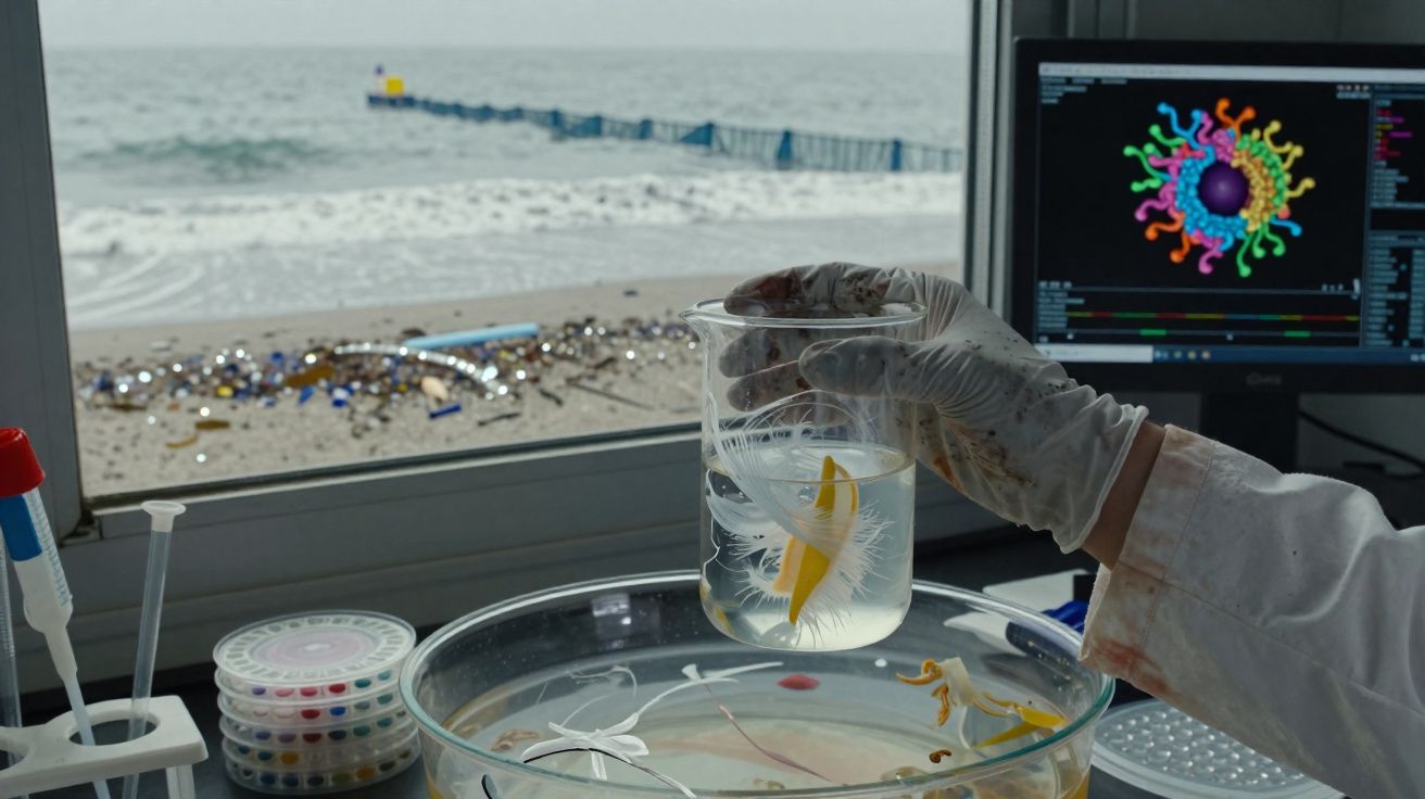 Mão com luva segura copo com água e larvas junto a janela que mostra praia com lixo e monitor com imagem colorida.