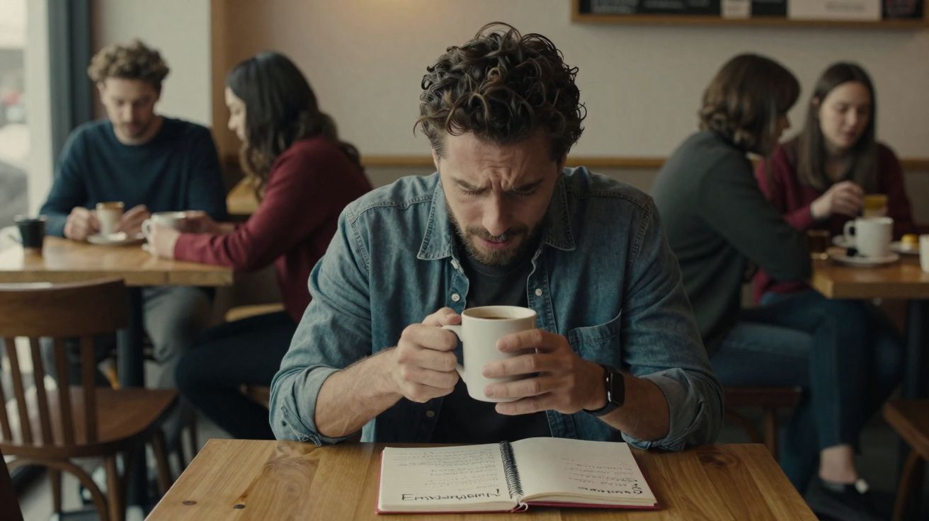 Homem sentado numa cafetaria a ler um caderno aberto enquanto segura uma chávena branca de café.