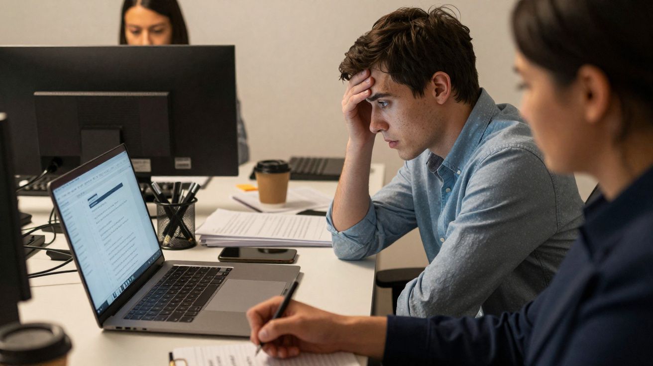 Jovem cansado a trabalhar num escritório com colegas, rodeado de computadores e documentos.