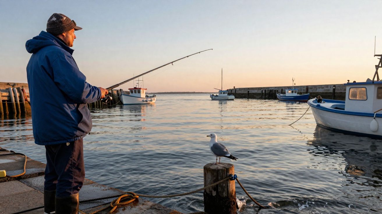 Homem a pescar no cais com barcos e uma gaivota numa estaca na água ao pôr do sol.