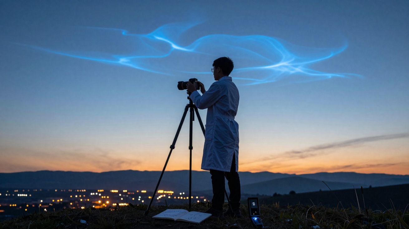 Pessoa de bata branca com câmara em tripé a fotografar céu ao anoitecer com luzes azuis misteriosas.