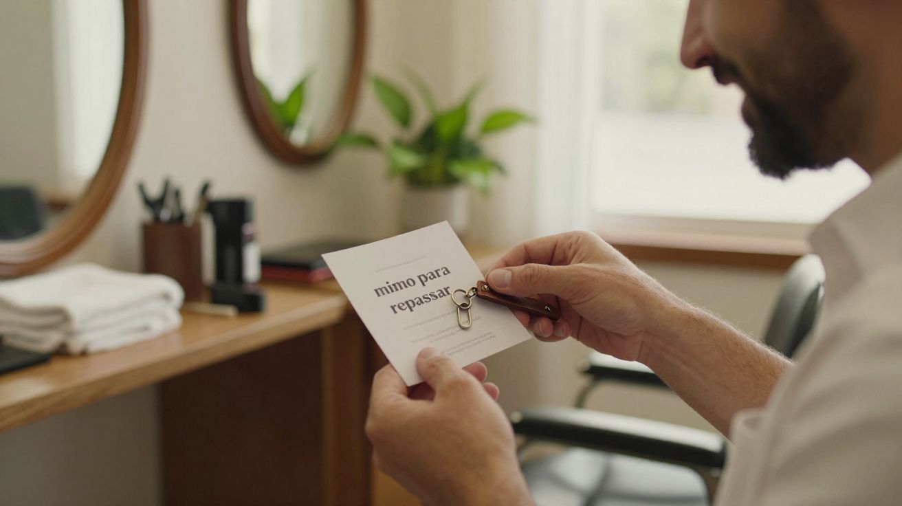 Homem a segurar um cartão com chaveiro e texto "mimo para repassar" numa sala com espelho e plantas.