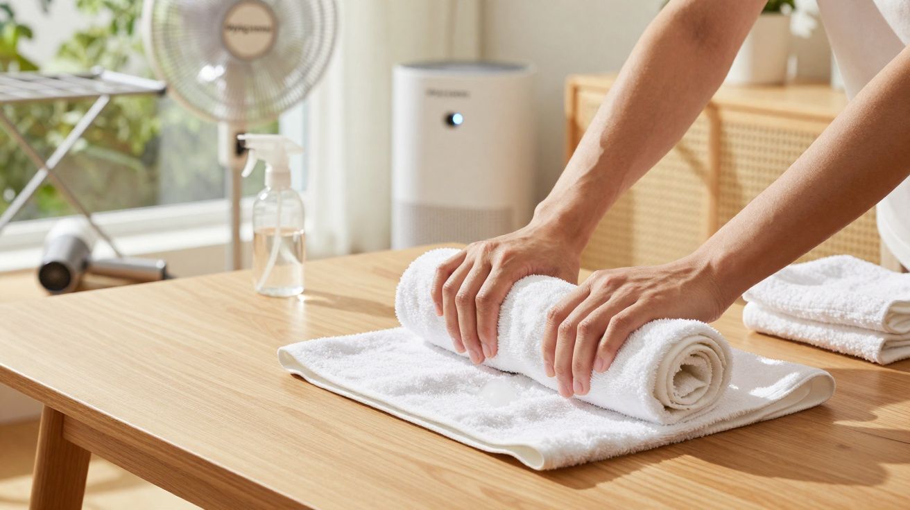 Mãos a enrolar uma toalha branca sobre uma mesa de madeira numa sala luminosa.