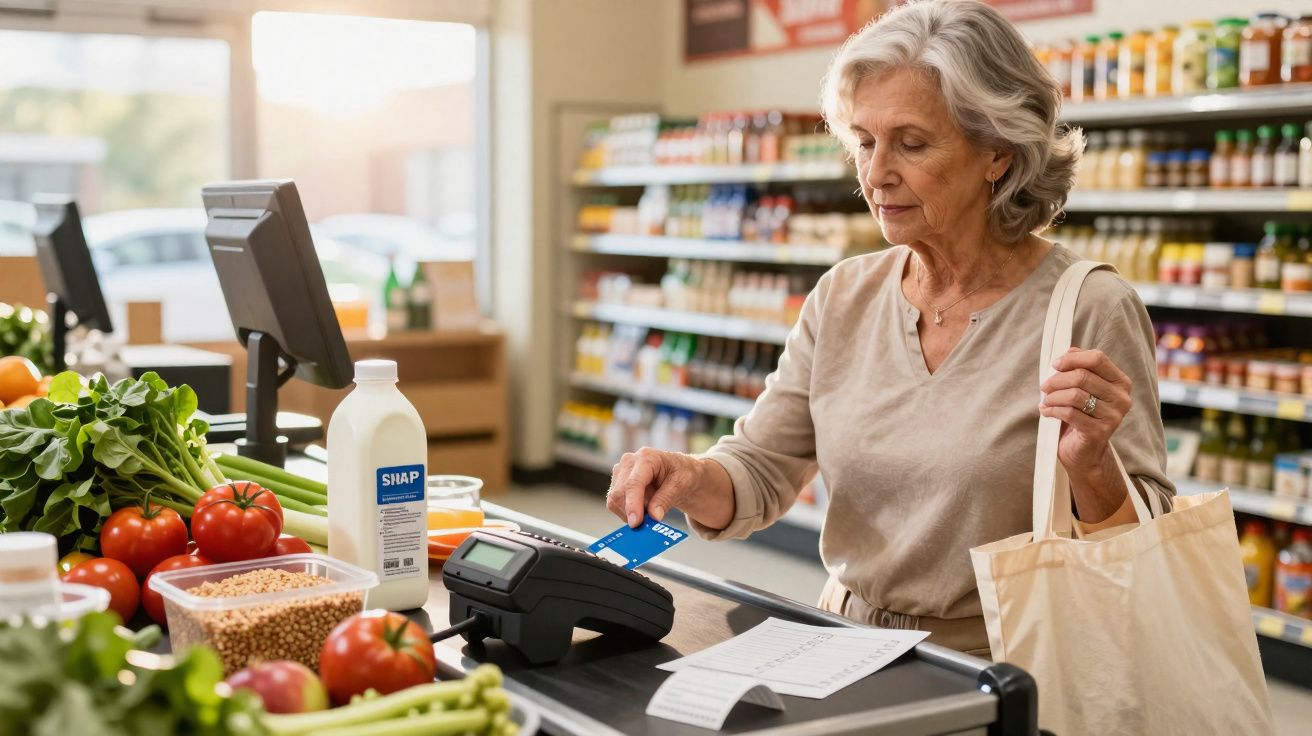 Mulher madura a pagar com cartão num supermercado, rodeada de frutas e legumes frescos.