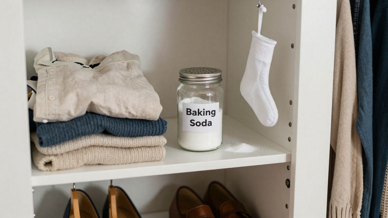 Prateleira com toalhas empilhadas, frasco de bicarbonato de sódio e meia branca pendurada no armário.