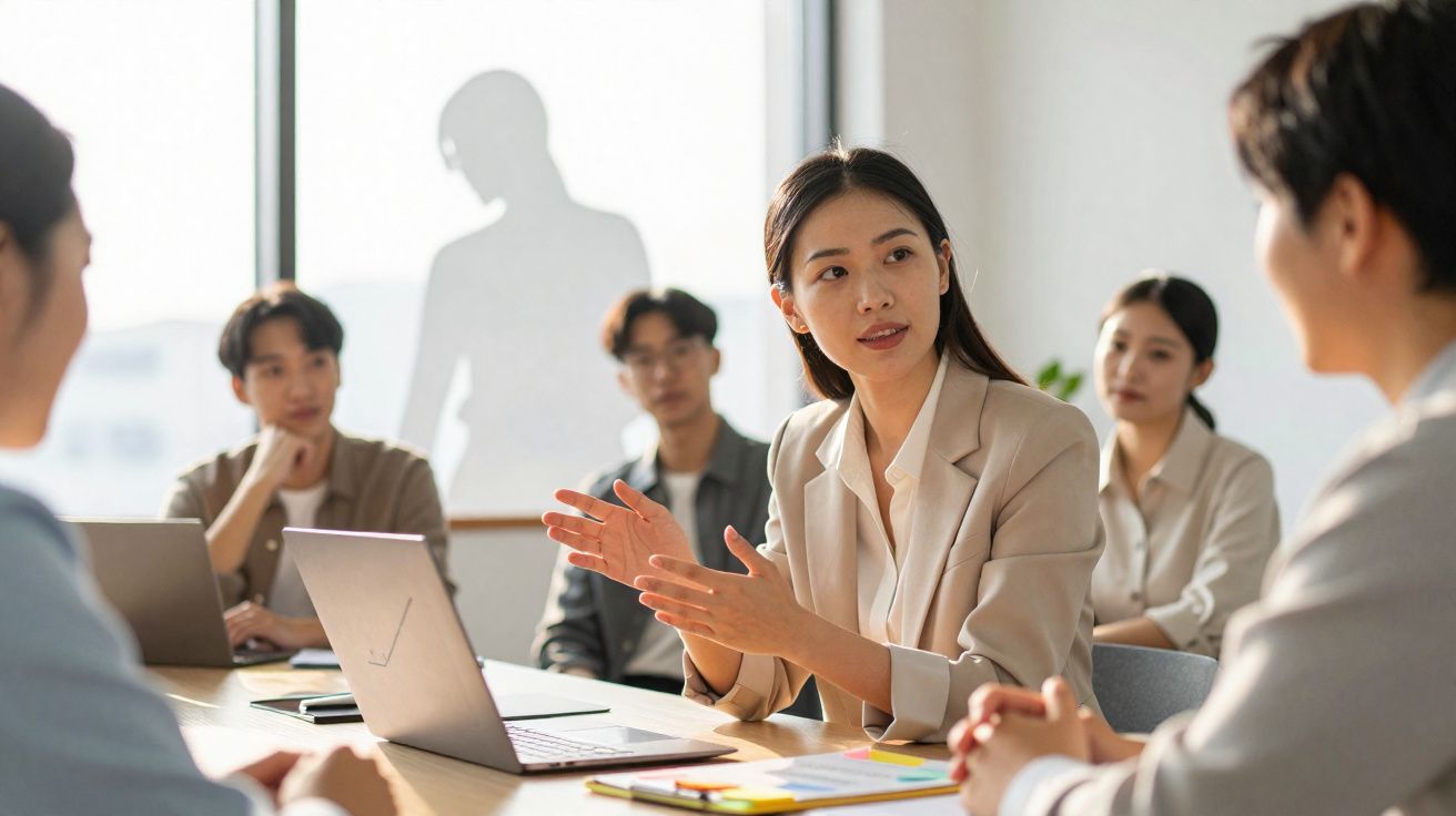 Grupo de jovens em reunião de trabalho num escritório moderno, com computador portátil e documentos na mesa.