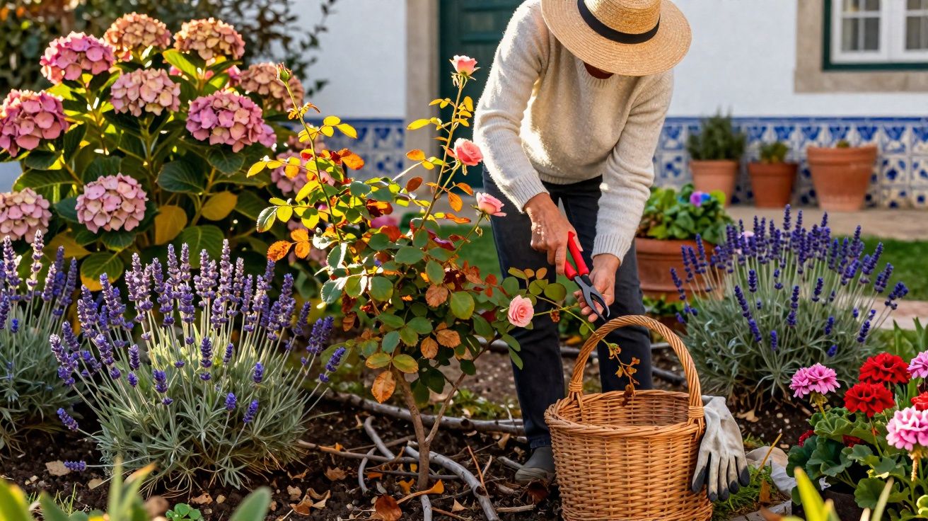 Pessoa com chapéu cortando flores num jardim colorido com hortênsias, lavanda e outras flores.