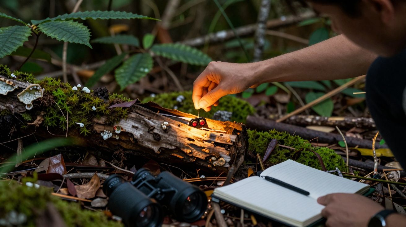 Pessoa a observar e registar cogumelos numa floresta com binóculos e caderno ao lado.