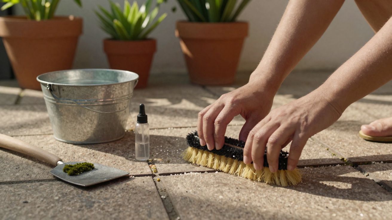 Mãos a limpar entre os azulejos do chão com escova, ao lado de uma pá com musgo, balde e frasco pequeno.