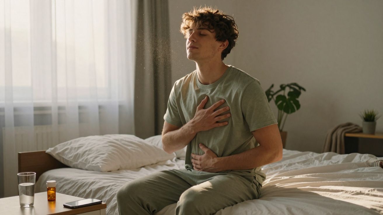 Homem sentado na cama com expressão de dor a segurar o peito e o estômago num quarto iluminado.