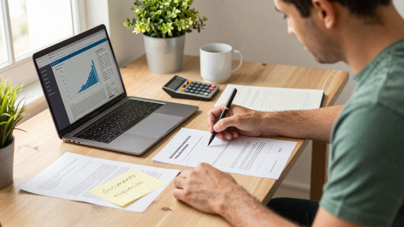 Homem a analisar documentos e gráficos no computador, com calculadora e caneca numa secretária junto à janela.