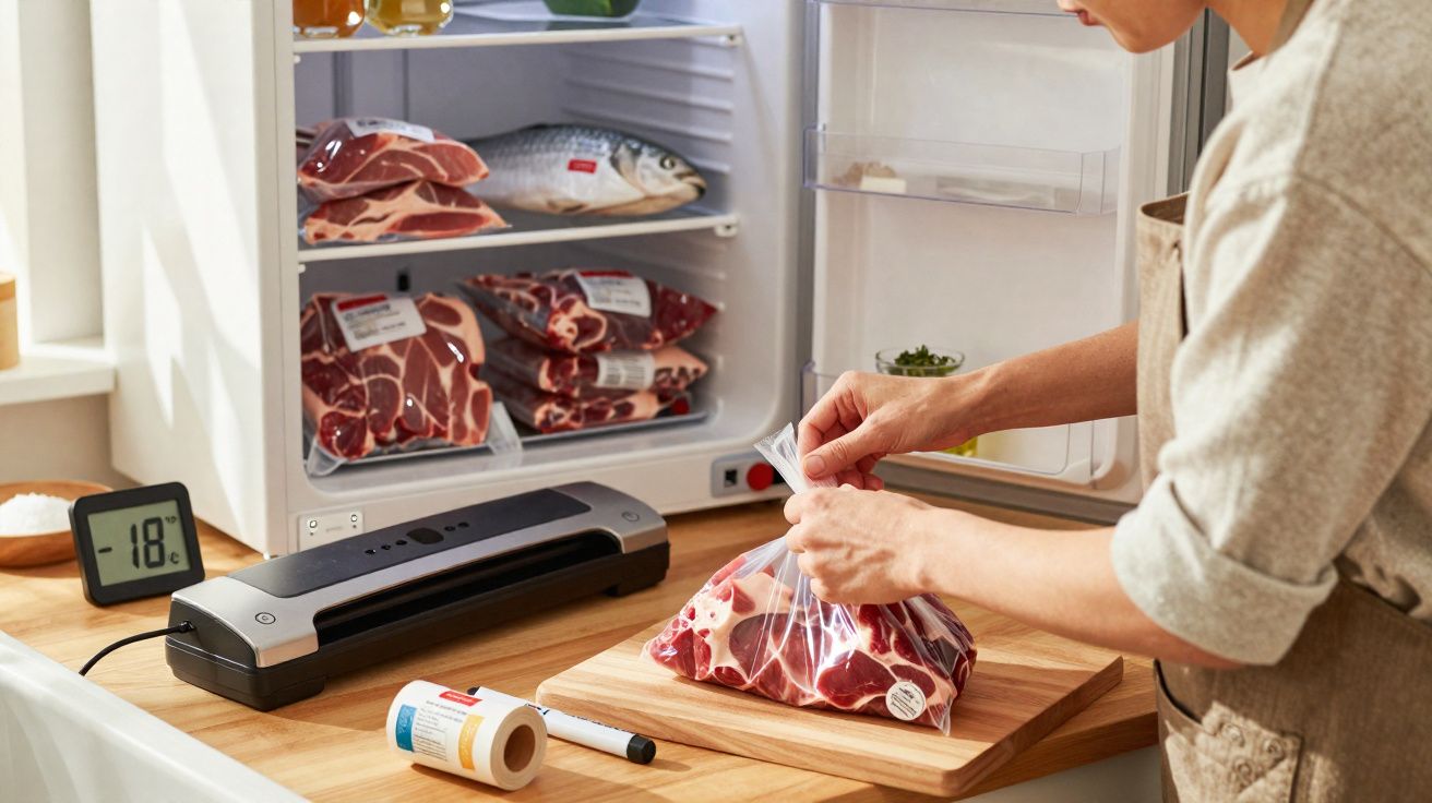 Pessoa a embalar carne crua em saco plástico numa cozinha com frigorífico aberto e máquina de vácuo.