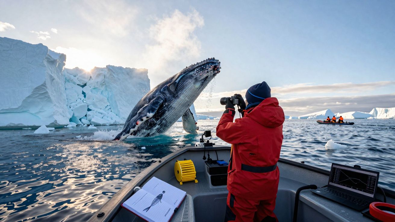 Fotógrafo em barco regista salto de uma baleia junto a icebergues no oceano gelado.