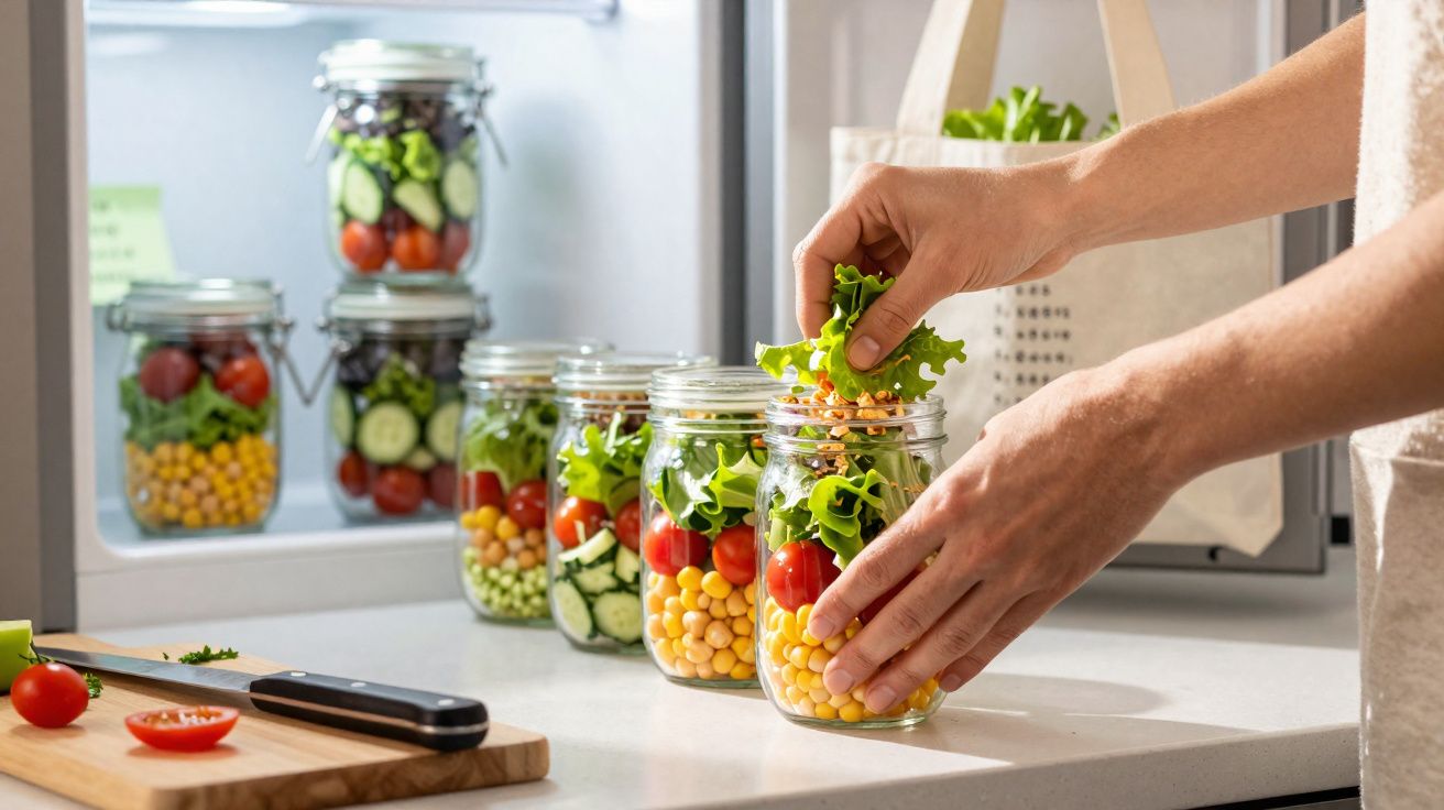 Mãos a montar saladas coloridas em frascos de vidro numa bancada de cozinha com legumes frescos.