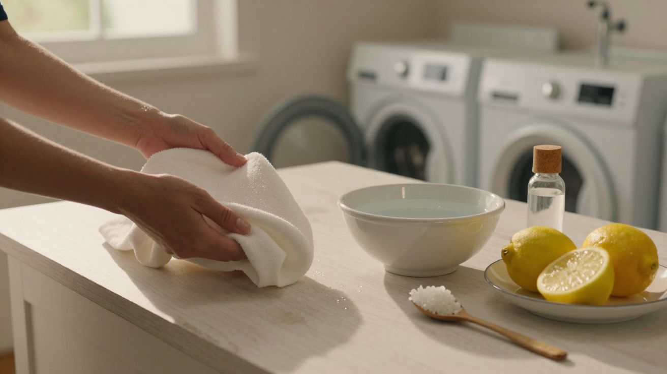 Pessoa a limpar a mesa com pano branco, com limões, tigela de água e sal na colher ao lado.