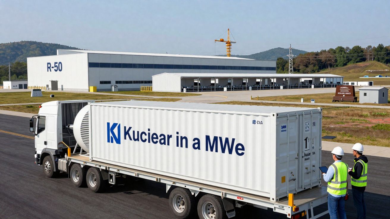 Camião com contentor de transporte, dois trabalhadores com coletes e capacetes em zona industrial junto a edifício R-50.