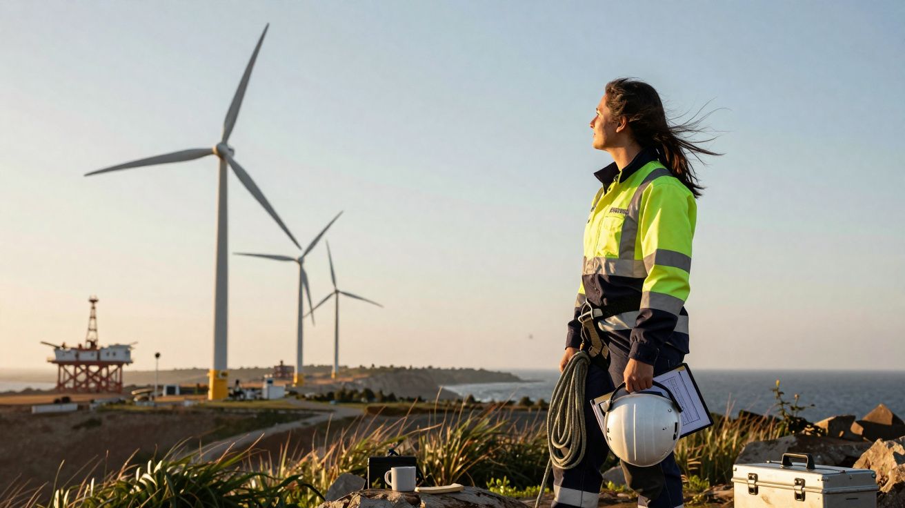 Engenheira de segurança em colete refletor observa turbinas eólicas à beira-mar ao pôr do sol.