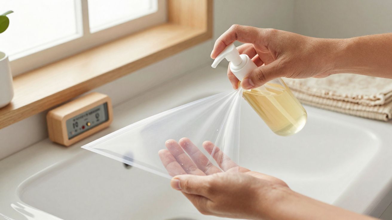 Mãos a colocar gel desinfetante numa protecção plástica transparente junto a uma pia branca.