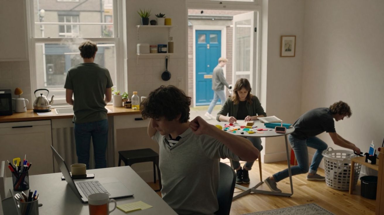 Interior de uma casa com quatro jovens a realizar diferentes atividades em ambientes iluminados e organizados.