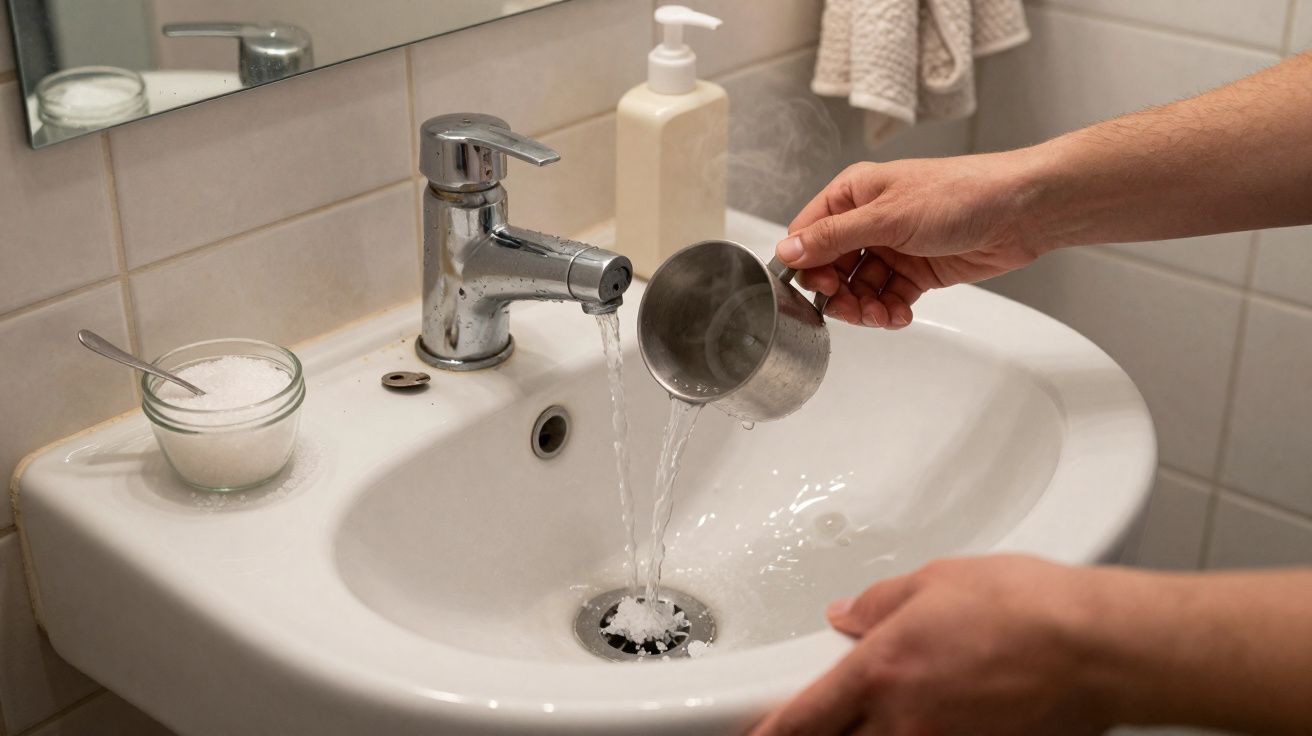 Pessoa a despejar água quente de uma chávena metálica num lava-pés branco numa casa de banho.